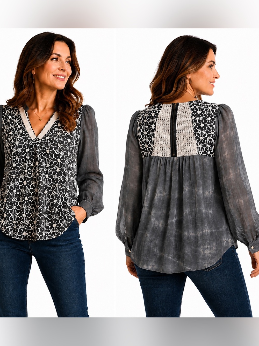 87H.NWT Aratta  silk Gray Floral Crochet Yoke Blouse $198